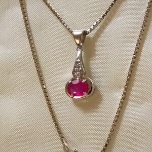 Silver Genuine Ruby Drop Necklace 18" Sterling Box Link Chain